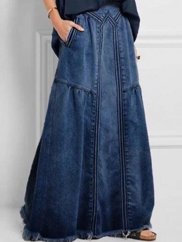 Jupe En Jean Lâche Taille Élastique Couleur Unie Pour Femmes Avec Poche