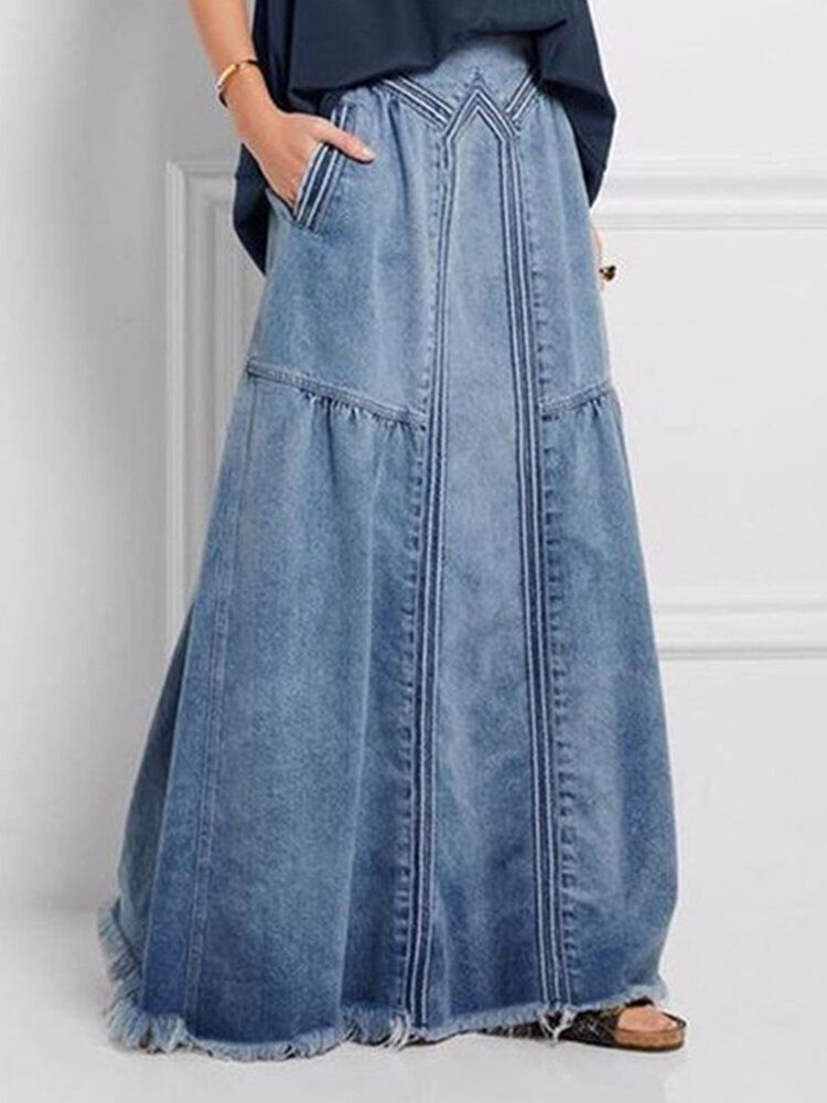 Jupe En Jean Lâche Taille Élastique Couleur Unie Pour Femmes Avec Poche