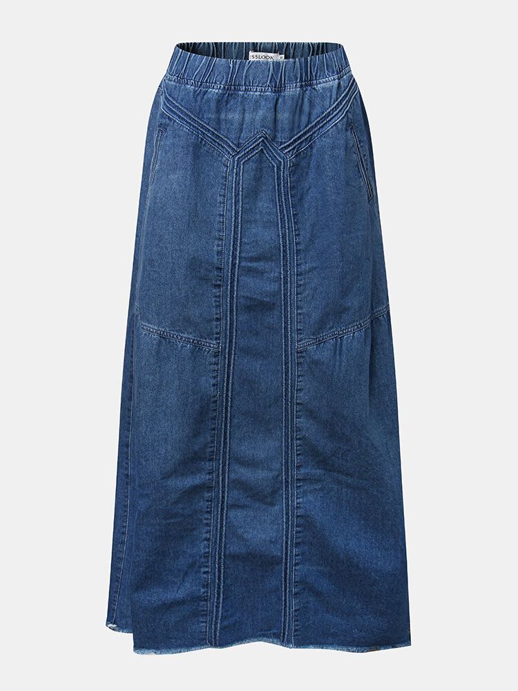 Jupe En Jean Lâche Taille Élastique Couleur Unie Pour Femmes Avec Poche