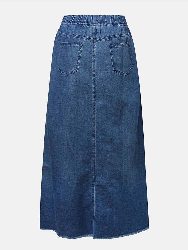 Jupe En Jean Lâche Taille Élastique Couleur Unie Pour Femmes Avec Poche