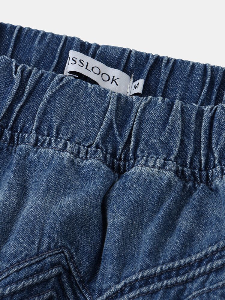 Jupe En Jean Lâche Taille Élastique Couleur Unie Pour Femmes Avec Poche