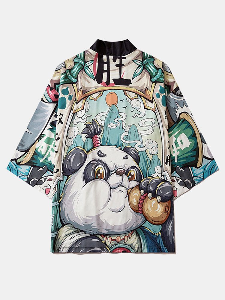 Kimono Avant Ouvert À Imprimé Panda De Dessin Animé Chinois Pour Homme