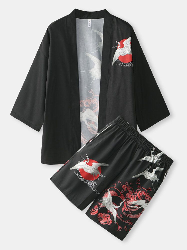 Kimono Deux Pièces À Imprimé Grue De Style Chinois Pour Hommes