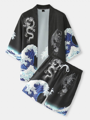 Kimono Deux Pièces À Imprimé Koi Ukiyoe De Style Japonais Pour Hommes