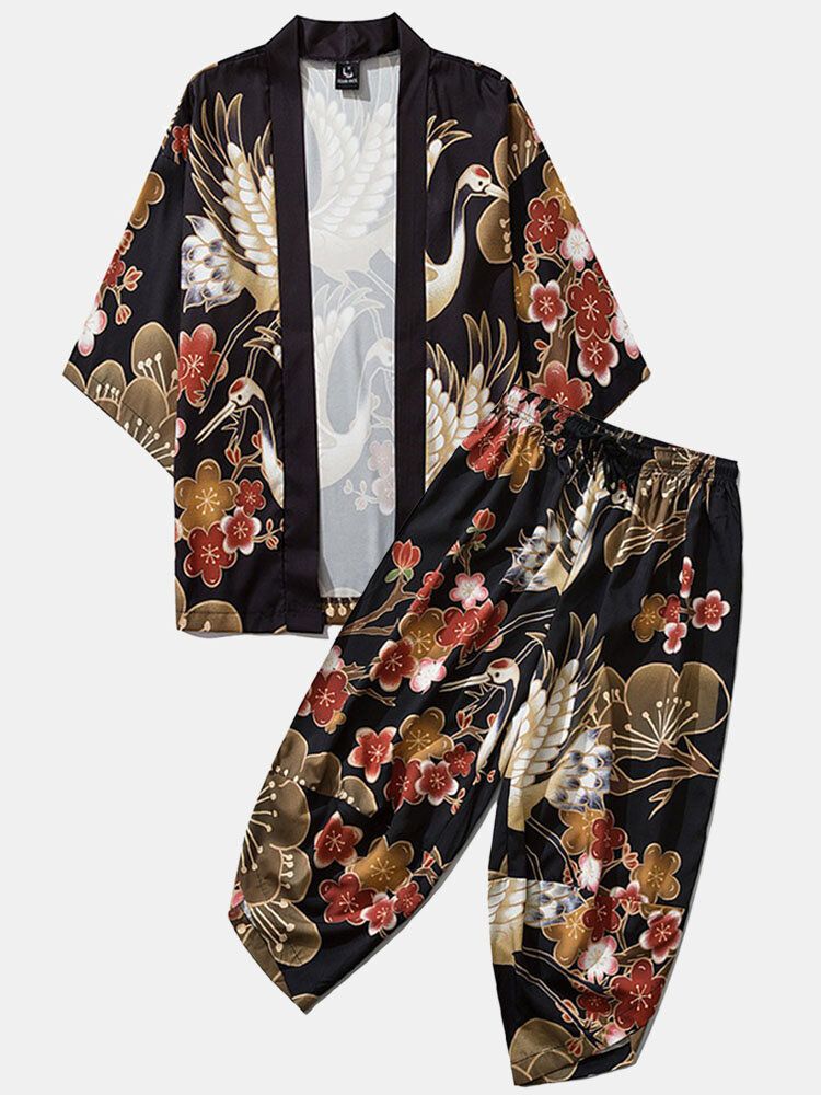 Kimono Japonais Pour Homme Crane Flower Print Open Front Pants Co-ords