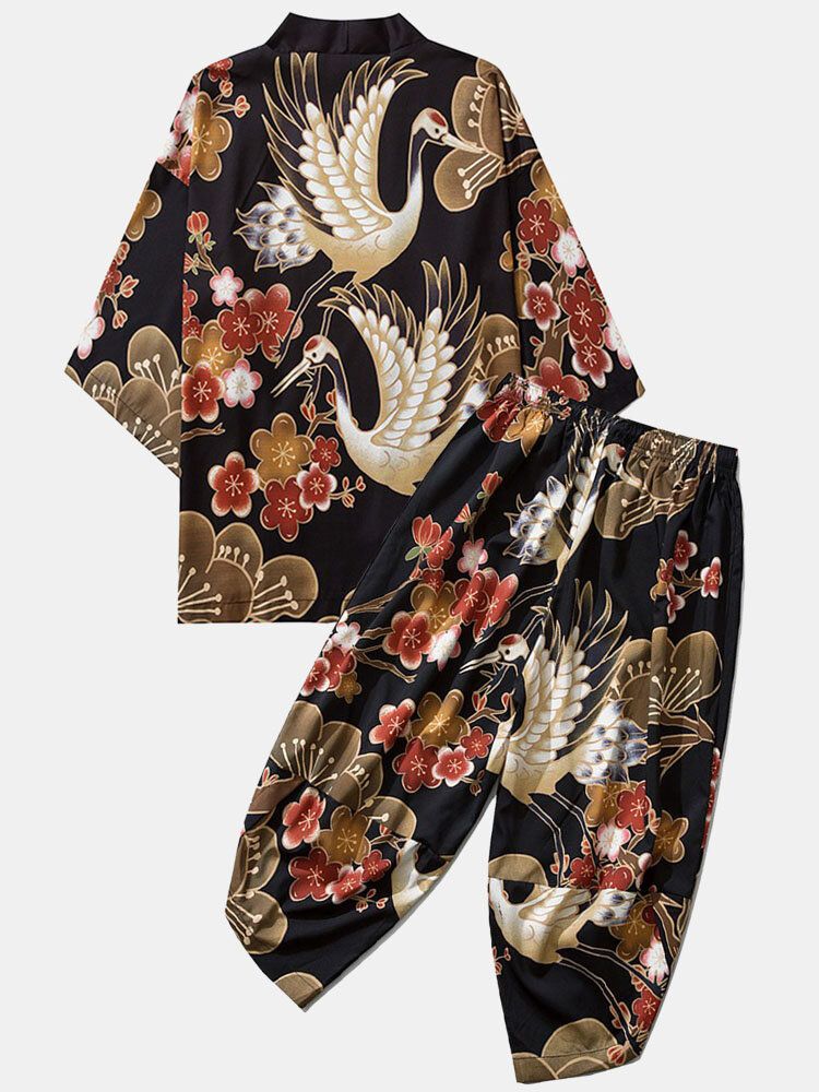 Kimono Japonais Pour Homme Crane Flower Print Open Front Pants Co-ords