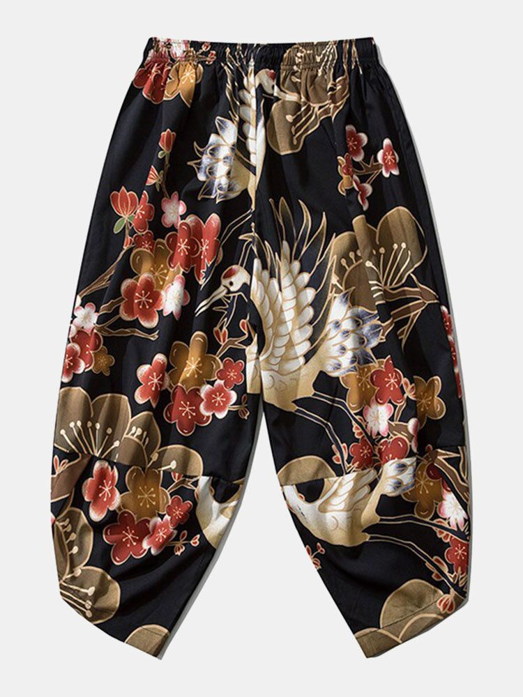 Kimono Japonais Pour Homme Crane Flower Print Open Front Pants Co-ords