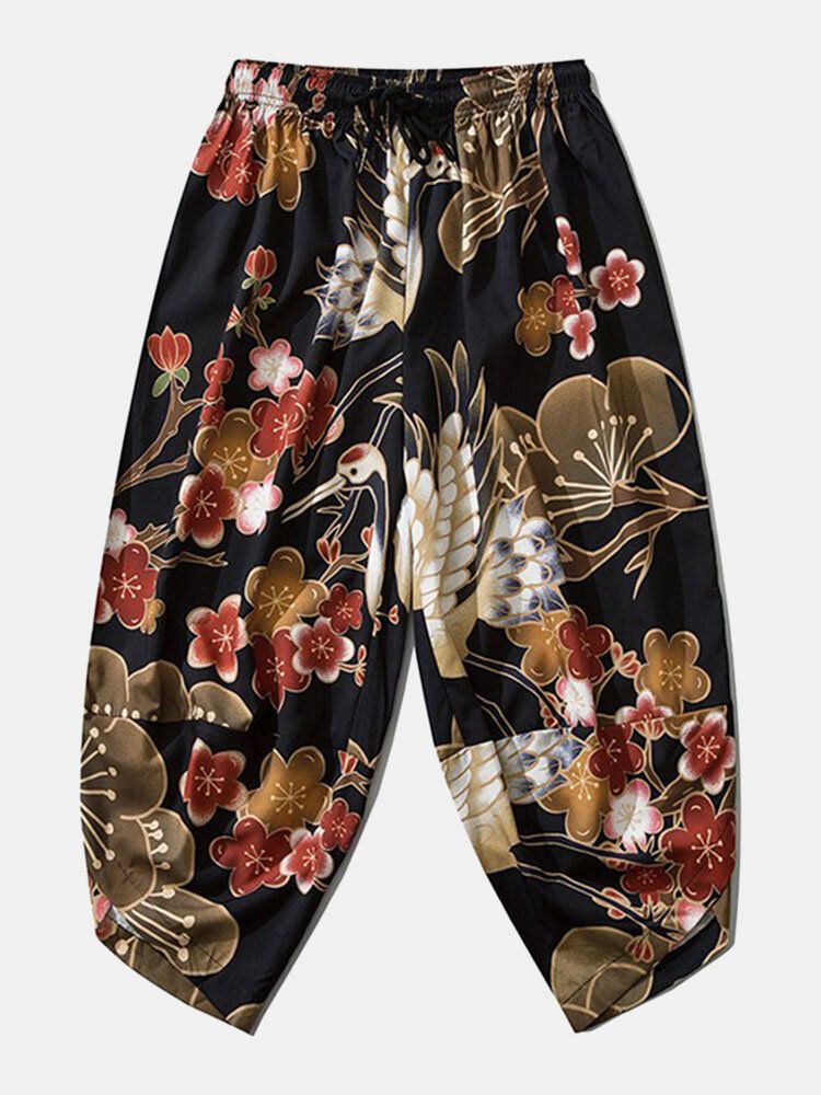 Kimono Japonais Pour Homme Crane Flower Print Open Front Pants Co-ords