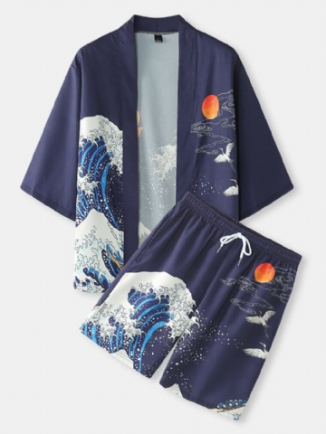 Kimono Japonais Pour Hommes Wave Koi Ukiyoe Back Print Two Pieces Outfits