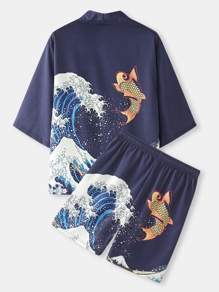 Kimono Japonais Pour Hommes Wave Koi Ukiyoe Back Print Two Pieces Outfits