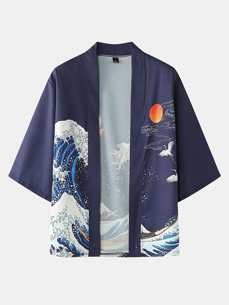 Kimono Japonais Pour Hommes Wave Koi Ukiyoe Back Print Two Pieces Outfits