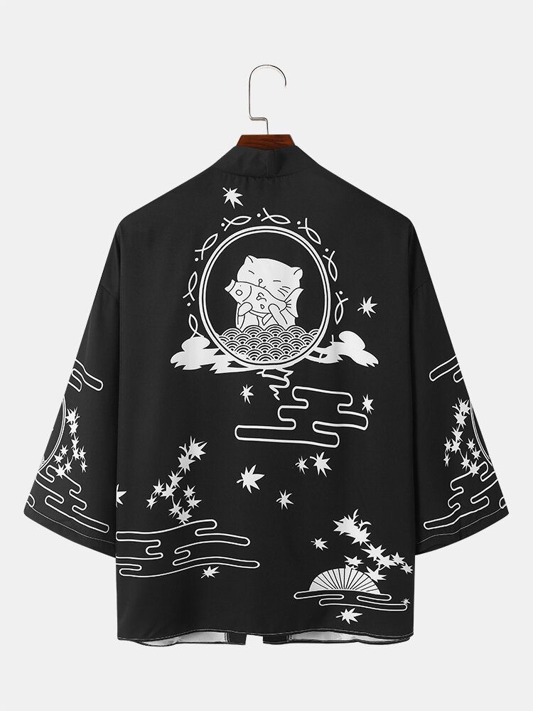 Kimono Lâche À Imprimé Chat De Style Japonais Pour Hommes