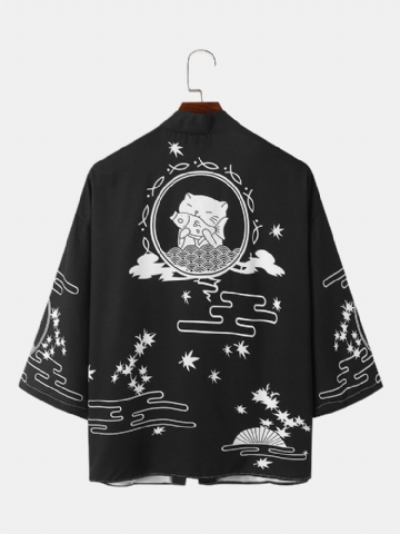 Kimono Lâche À Imprimé Chat De Style Japonais Pour Hommes