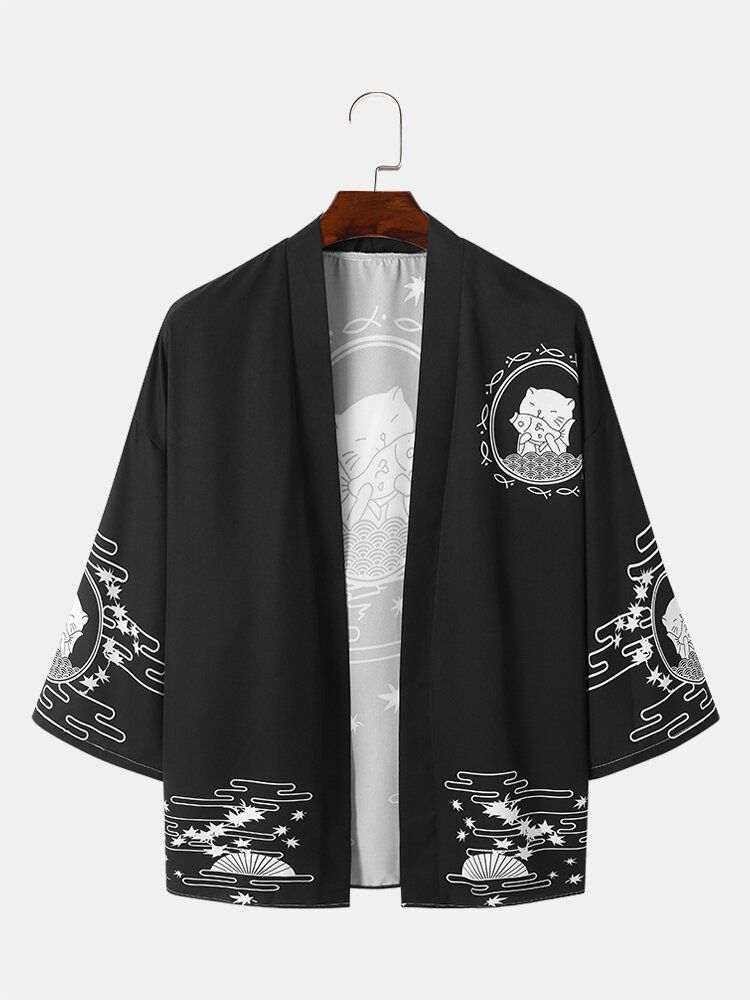 Kimono Lâche À Imprimé Chat De Style Japonais Pour Hommes