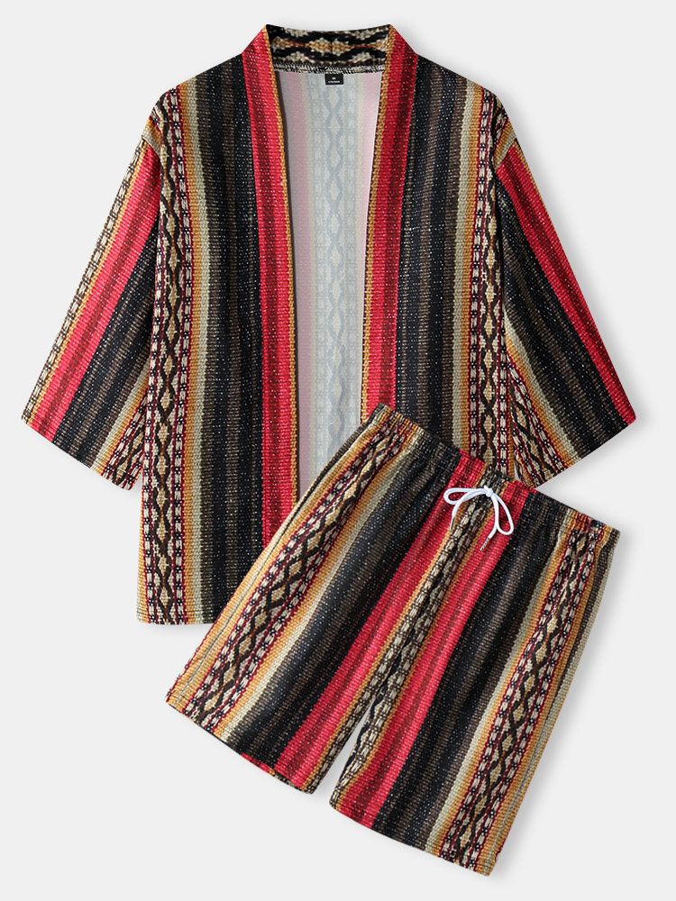 Kimono À Rayures Géométriques Pour Hommes Style Ethnique Deux Pièces Tenues