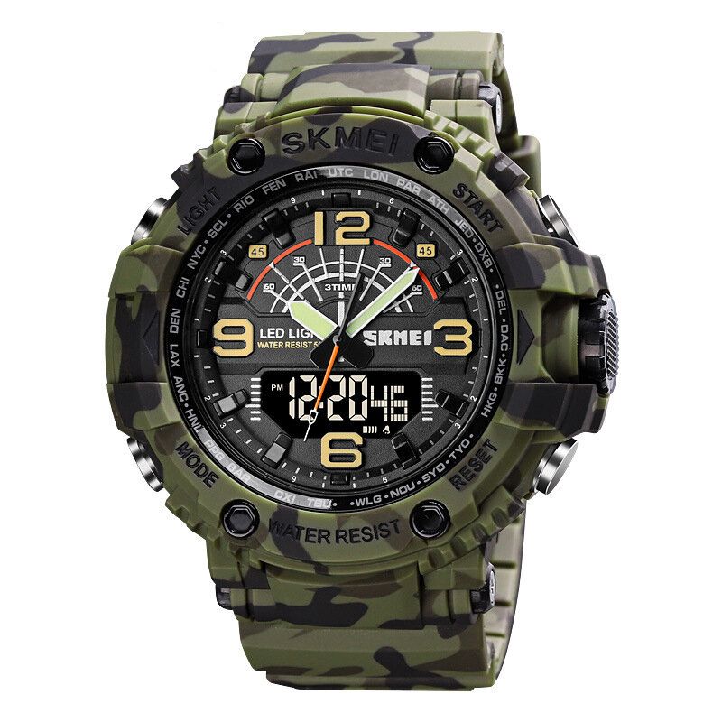 Led Light Sport Hommes Montre Numérique 5atm Étanche Chronomètre Camouflage Double Affichage Montre