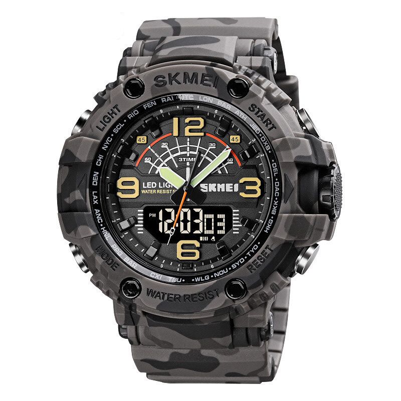 Led Light Sport Hommes Montre Numérique 5atm Étanche Chronomètre Camouflage Double Affichage Montre