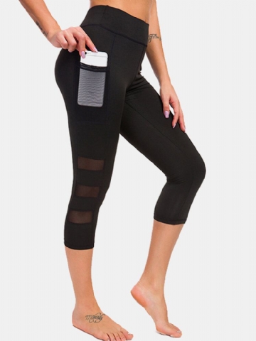 Leggings De Sport De Yoga Court Moulant Patchwork En Maille Pour Femmes Avec Poches