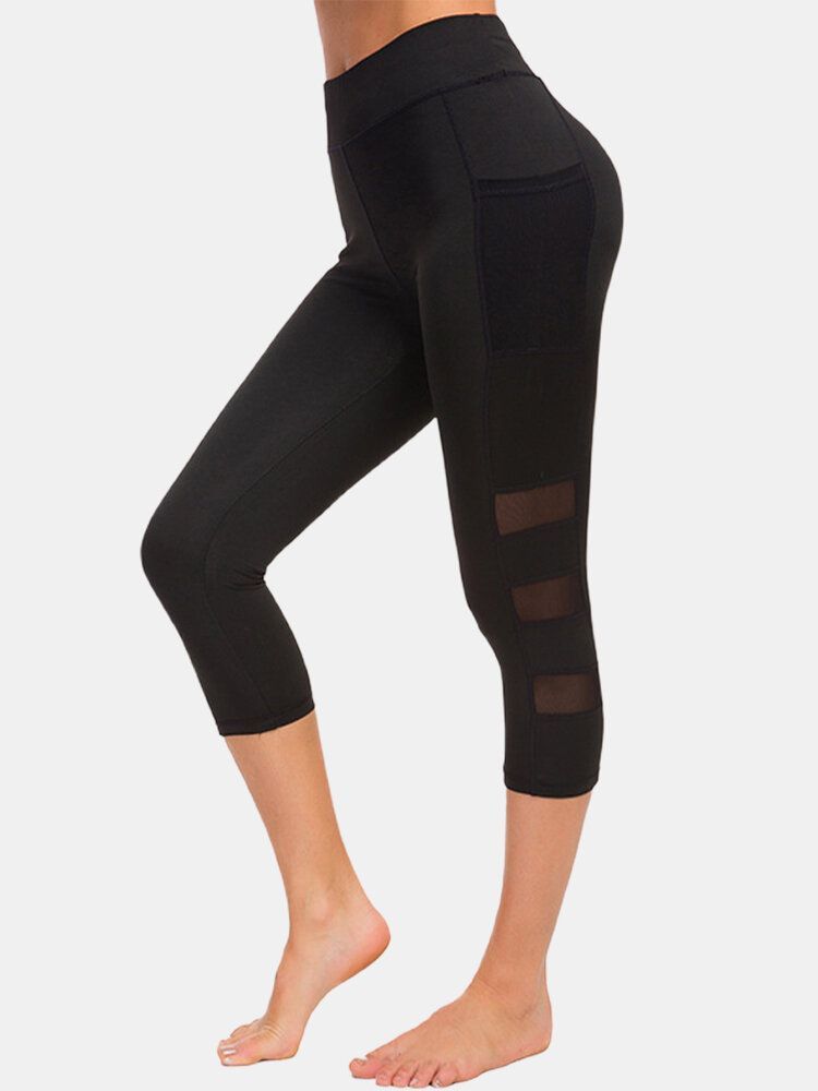 Leggings De Sport De Yoga Court Moulant Patchwork En Maille Pour Femmes Avec Poches