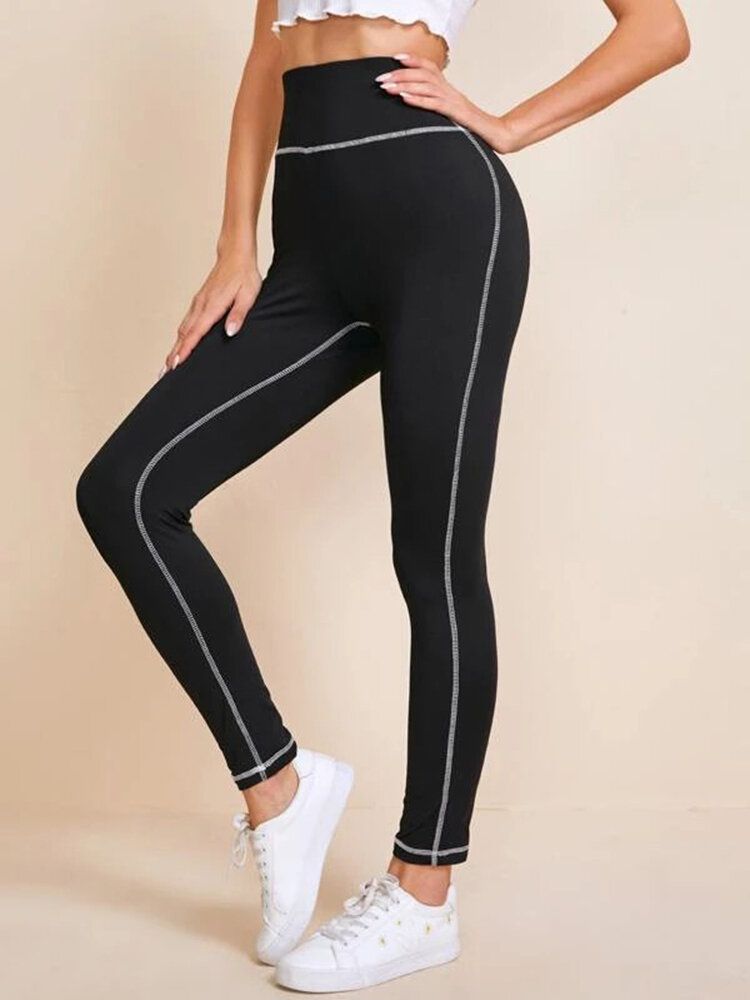 Leggings De Yoga Taille Haute À Surpiqûres De Couleur Unie Pour Femmes