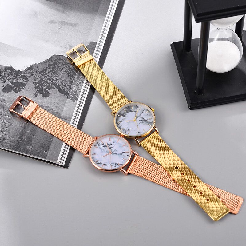 Loisir Sport Femmes Montre Alliage Cas Maille Bande Réglable Fermoir Pliant Creative Marbre Quartz Montres