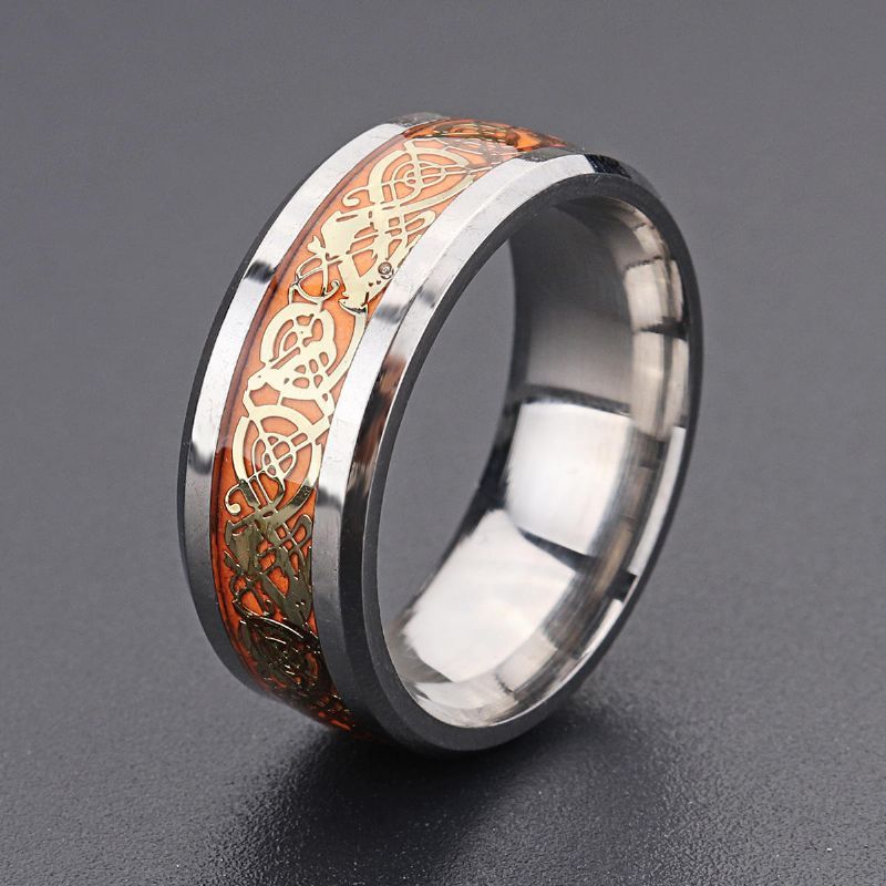 Lumineux Or Argent Motif Dragon Bague Homme 8mm Large Titane Acier Bague Tendance