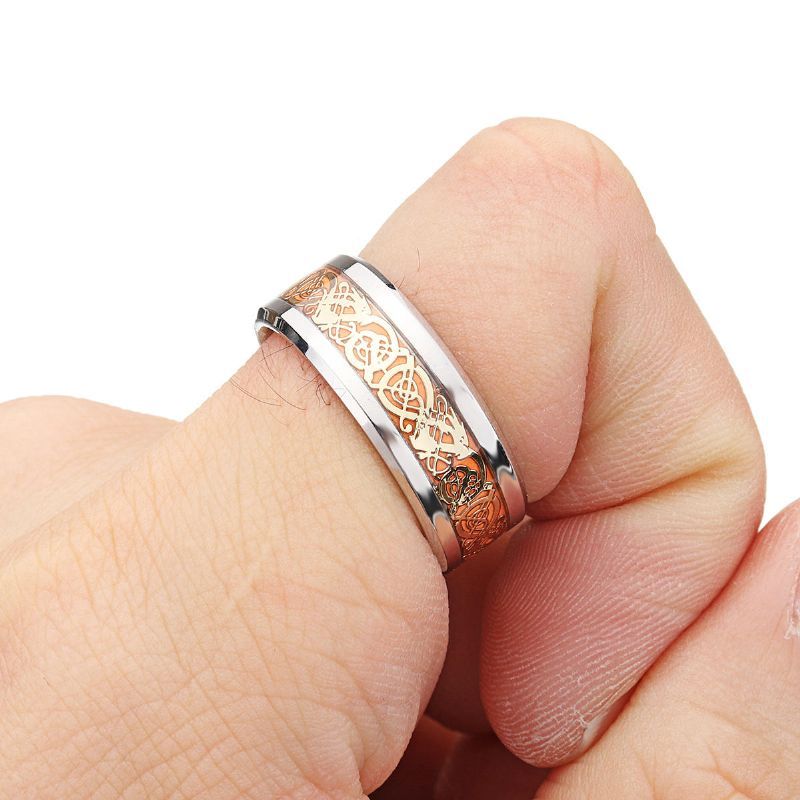 Lumineux Or Argent Motif Dragon Bague Homme 8mm Large Titane Acier Bague Tendance