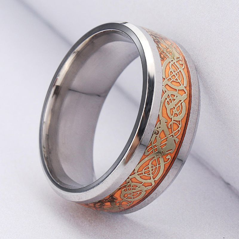 Lumineux Or Argent Motif Dragon Bague Homme 8mm Large Titane Acier Bague Tendance