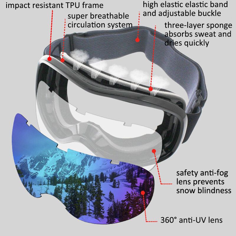 Lunettes De Ski Unisexes À Double Couche Grand Champ De Vision Spherical Professional Dual-lens Anti-buée Windproof Goggles