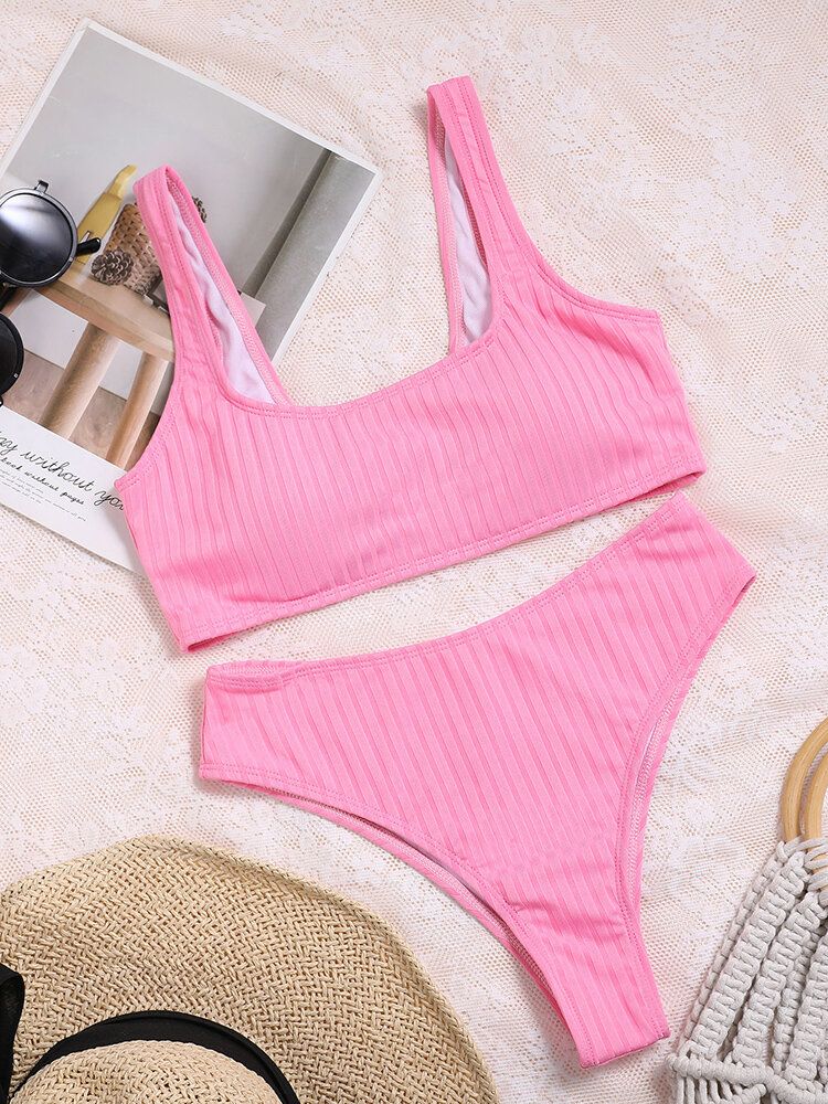 Maillot De Bain Bikini Décontracté À Rayures Unies De Couleur Unie