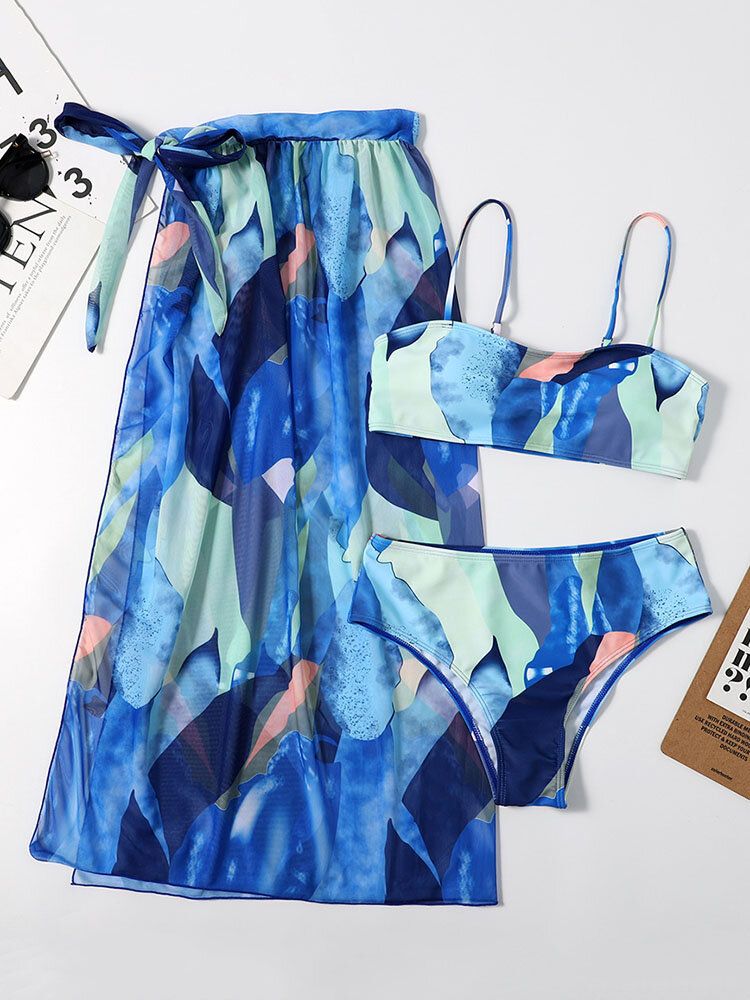 Maillot De Bain Bikinis À Bretelles Spaghetti Imprimé Abstrait Coloré Avec Ensembles Trois Pièces Dissimulés