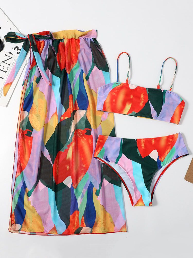 Maillot De Bain Bikinis À Bretelles Spaghetti Imprimé Abstrait Coloré Avec Ensembles Trois Pièces Dissimulés