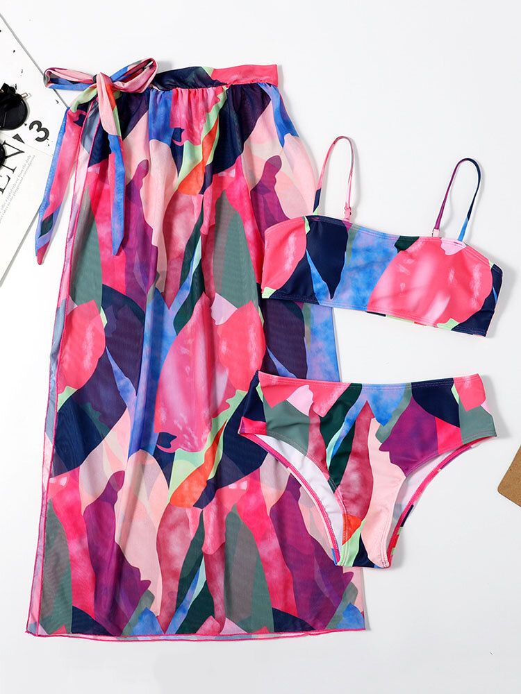 Maillot De Bain Bikinis À Bretelles Spaghetti Imprimé Abstrait Coloré Avec Ensembles Trois Pièces Dissimulés