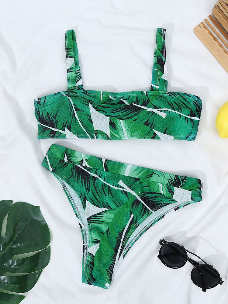 Maillot De Bain Bikinis De Plage Taille Haute Imprimé Plantes Tropicales Dos Ouvert Bretelles Réglables