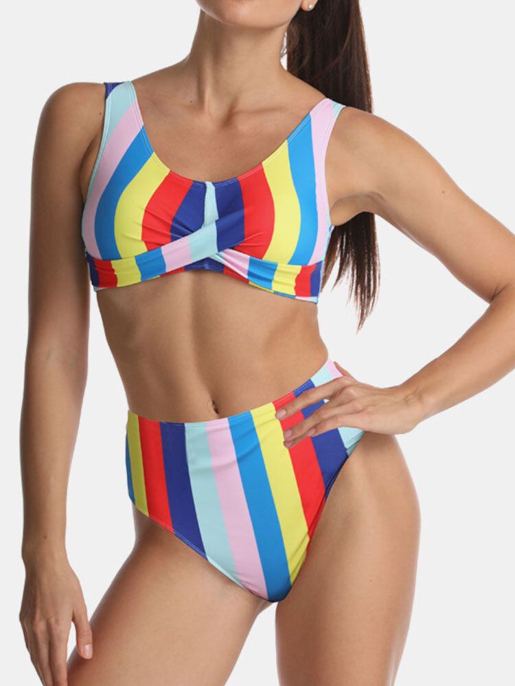 Maillot De Bain Bikinis Taille Haute Plissé À Rayures Multicolores Pour Femmes