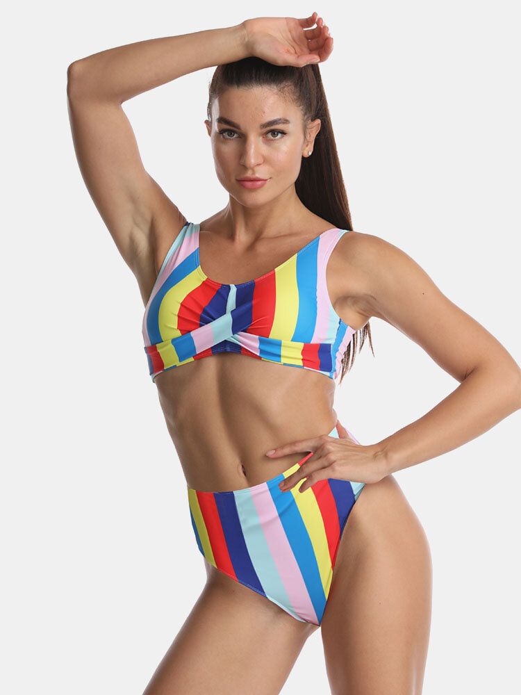 Maillot De Bain Bikinis Taille Haute Plissé À Rayures Multicolores Pour Femmes