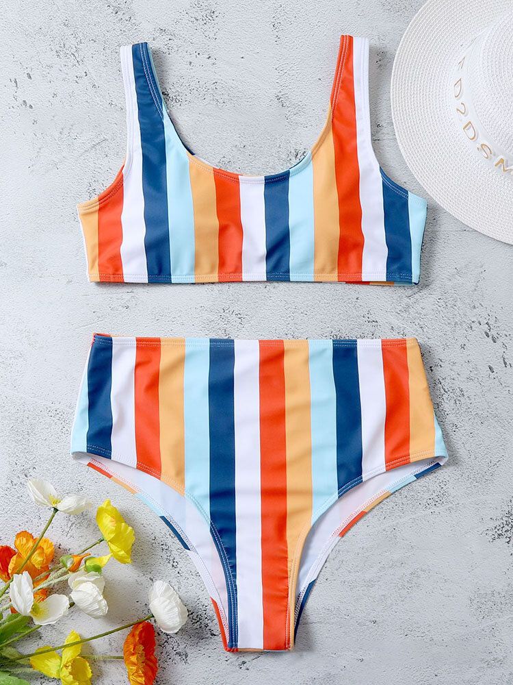 Maillot De Bain Bikinis Taille Haute À Rayures Colorées Pour Femmes