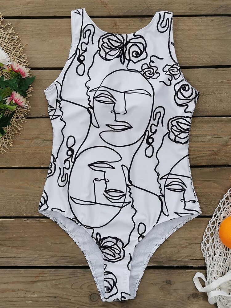 Maillot De Bain Femme Imprimé Abstrait Col Haut Sans Manches Une Pièce