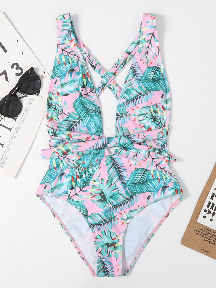 Maillot De Bain Une Pièce Amincissant Pour Femme À Imprimé Floral Et Col En V Croisé Avec Ceinture Dos Nu