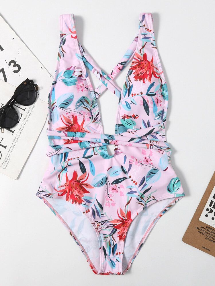 Maillot De Bain Une Pièce Amincissant Pour Femme À Imprimé Floral Et Col En V Croisé Avec Ceinture Dos Nu