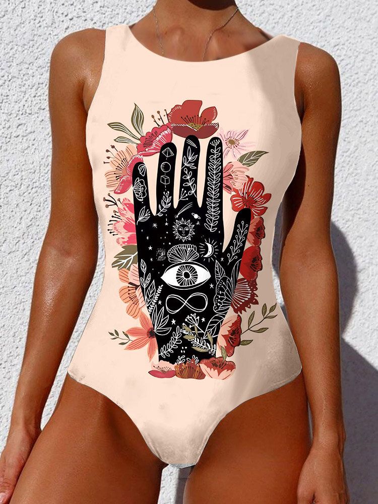 Maillot De Bain Une Pièce Pour Femme Sans Manches Imprimé Floral À La Main Dos Ouvert À Larges Bretelles