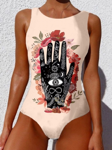 Maillot De Bain Une Pièce Pour Femme Sans Manches Imprimé Floral À La Main Dos Ouvert À Larges Bretelles