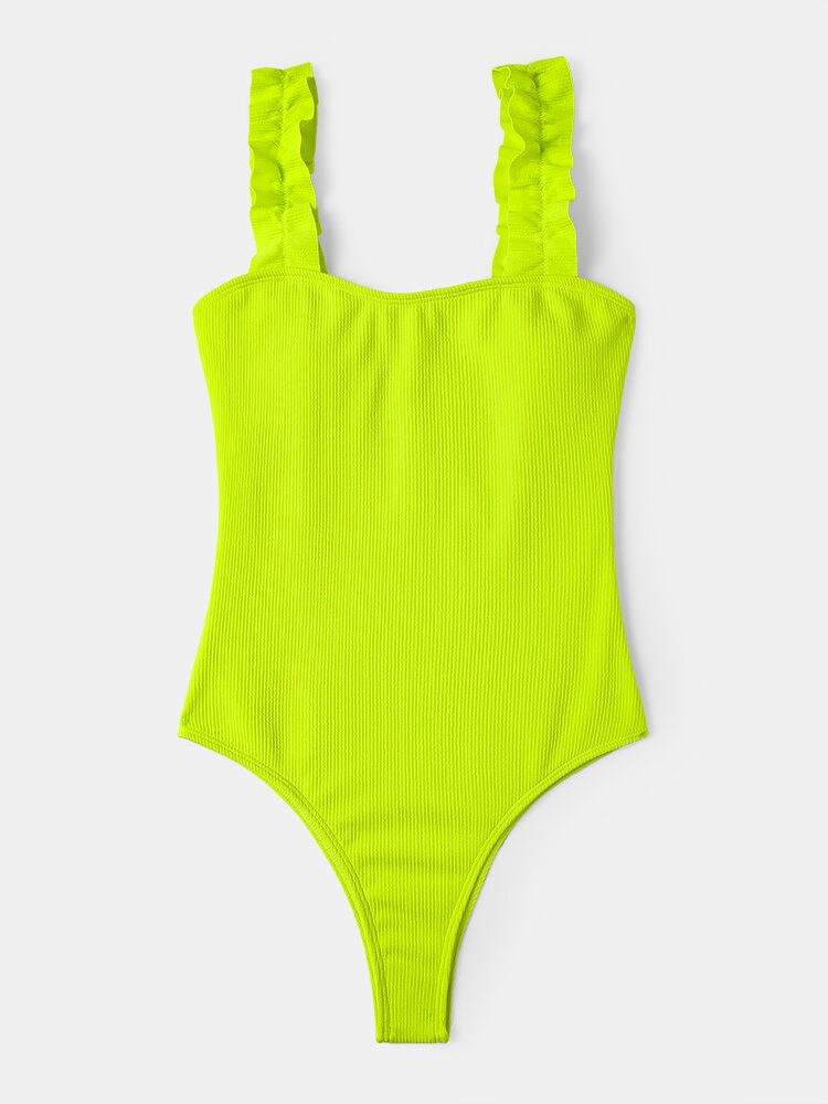 Maillot De Bain Une Pièce Hawaïen Pour Femme Avec Bretelles À Volants De Couleur Unie