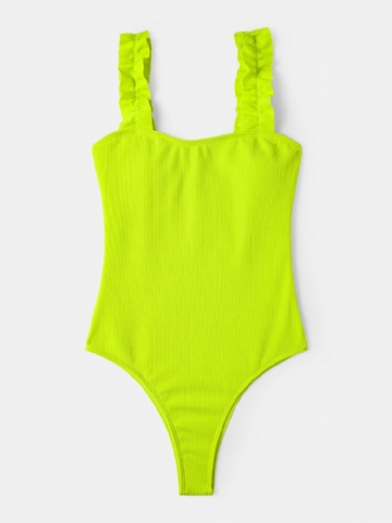 Maillot De Bain Une Pièce Hawaïen Pour Femme Avec Bretelles À Volants De Couleur Unie