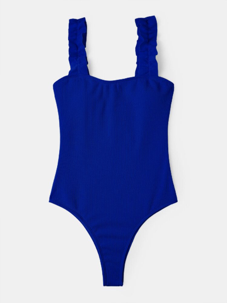 Maillot De Bain Une Pièce Hawaïen Pour Femme Avec Bretelles À Volants De Couleur Unie