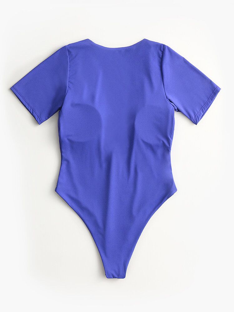 Maillot De Bain Une Pièce À Manches Courtes Et Col En V Plongeant Pour Femmes