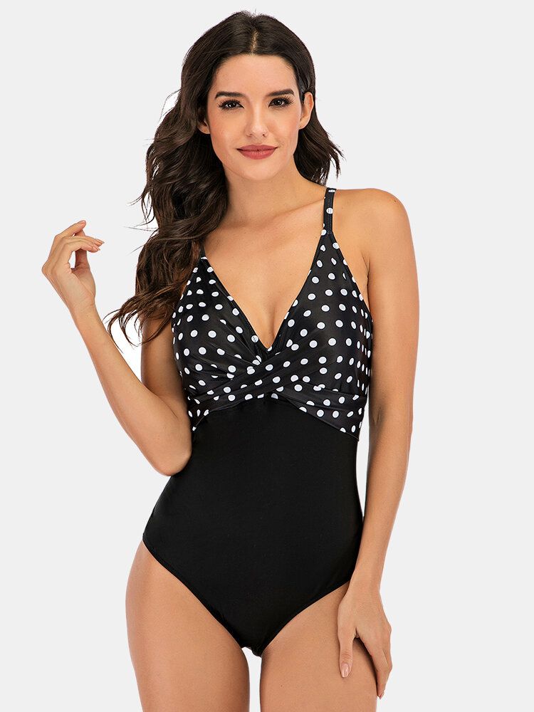 Maillot De Bain Une Pièce Taille Plus Femme À Pois Imprimé Splice Skinny Fit