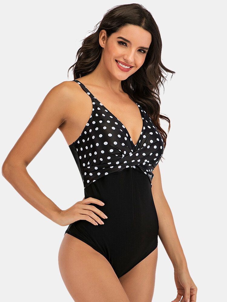 Maillot De Bain Une Pièce Taille Plus Femme À Pois Imprimé Splice Skinny Fit