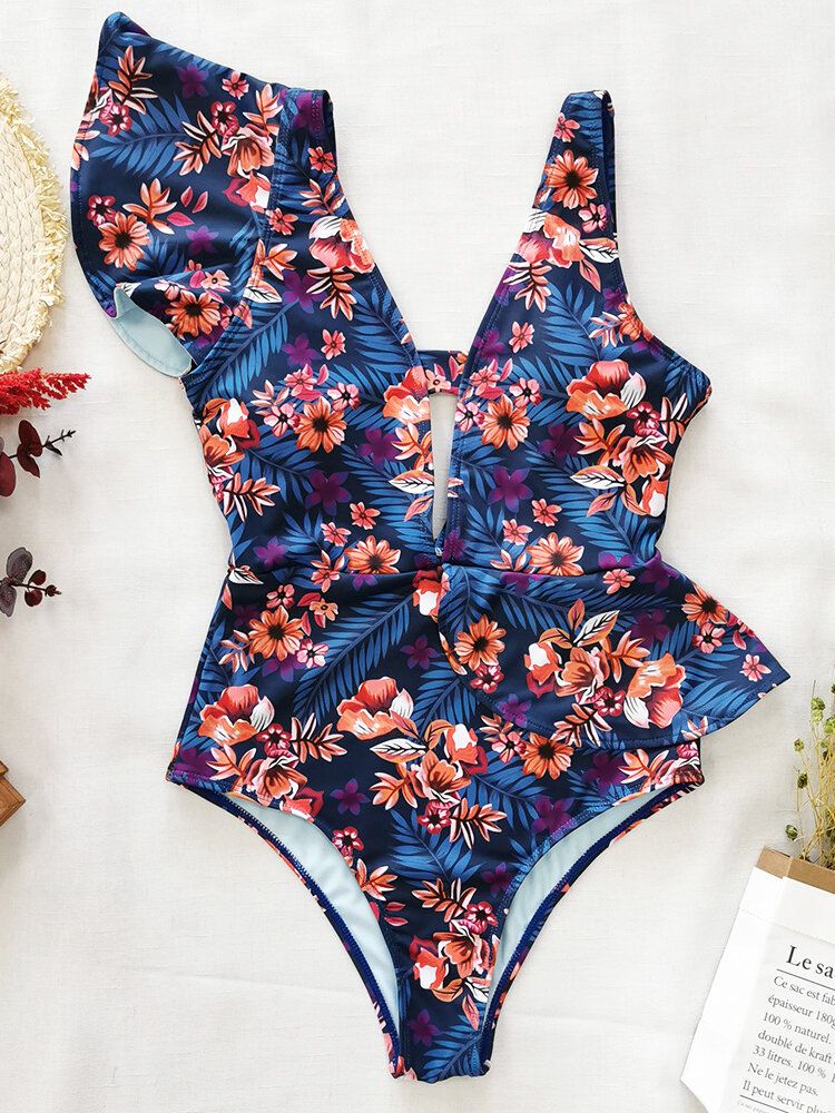 Maillot De Bain Une Pièce À Volants Asymétriques À Imprimé Floral Pour Femmes