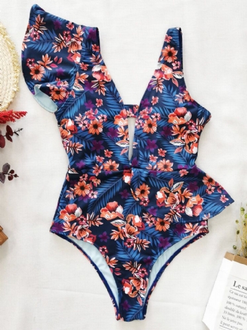 Maillot De Bain Une Pièce À Volants Asymétriques À Imprimé Floral Pour Femmes